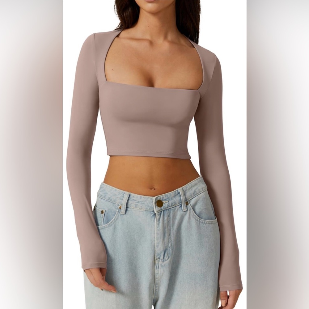 QINSEN Square Neck Long Sleeve Slim Fit Crop Top Cropped T Shirts Size L